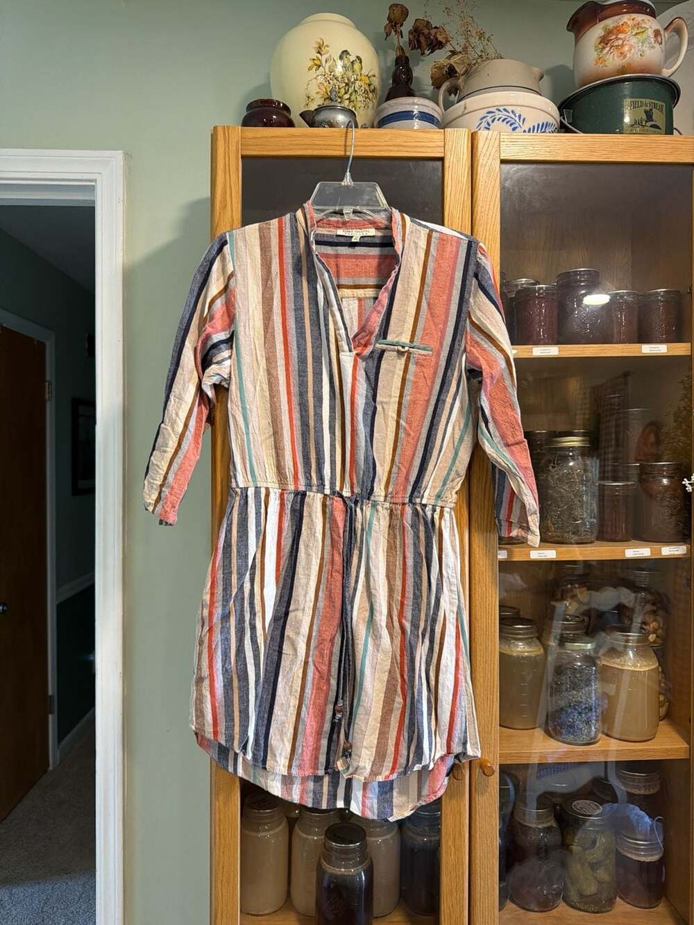 Speed Control New York Striped Cotton Blend Waist Tie Mini Dress Medium